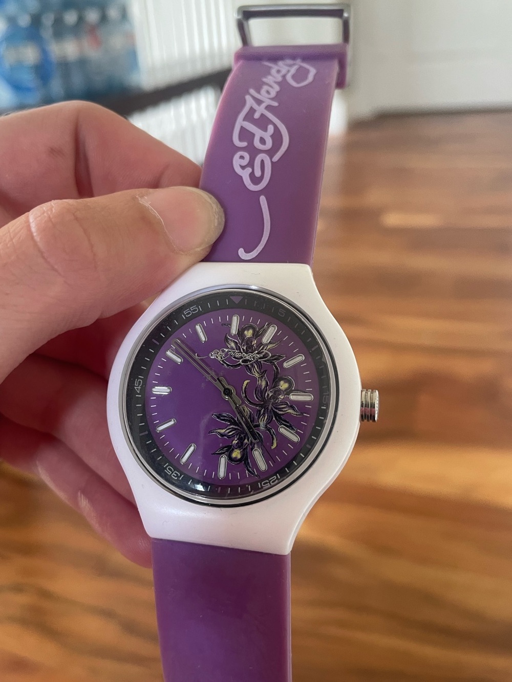 Vintage Ed Hardy Purple and White Waterproof Floral Watch